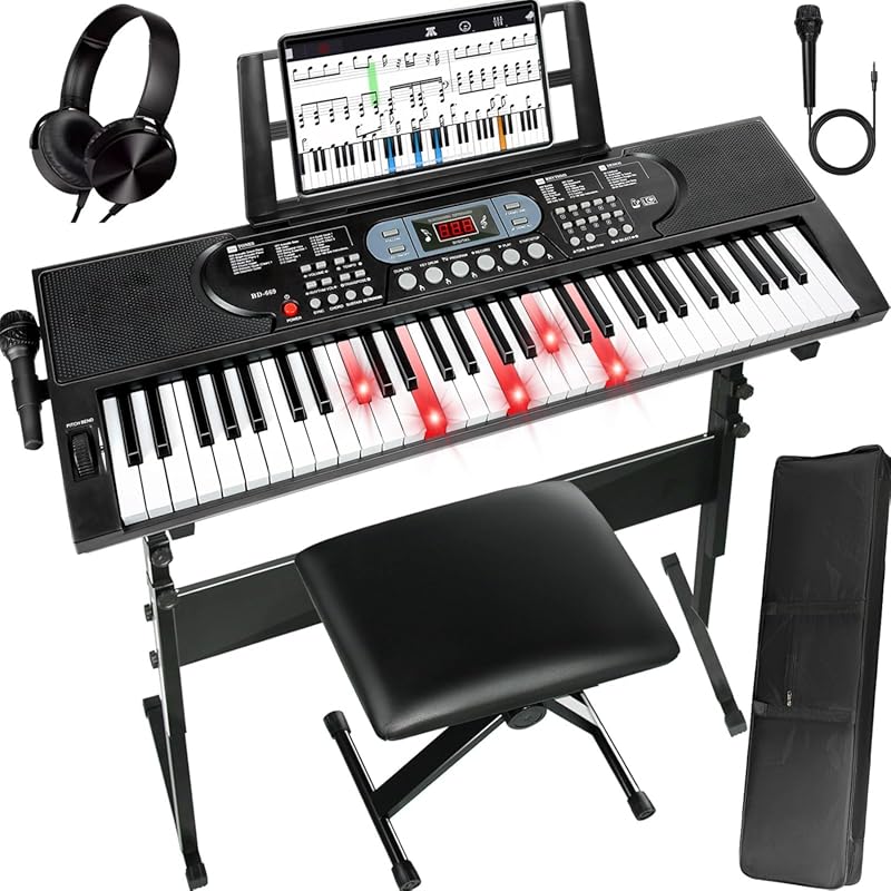 AQNIEGEP 61-Key Electric Piano with Lighted Keys, Stand, Microphone, a