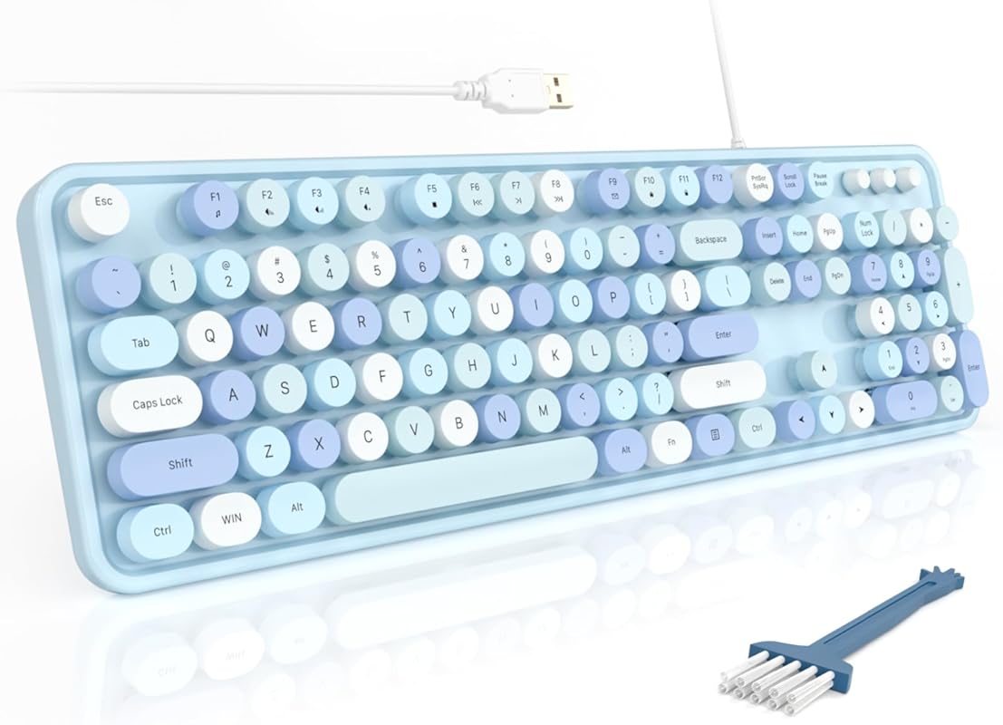 MOFII Wired Full Size Keyboard with Foldable Stand and Cute Blue Desig