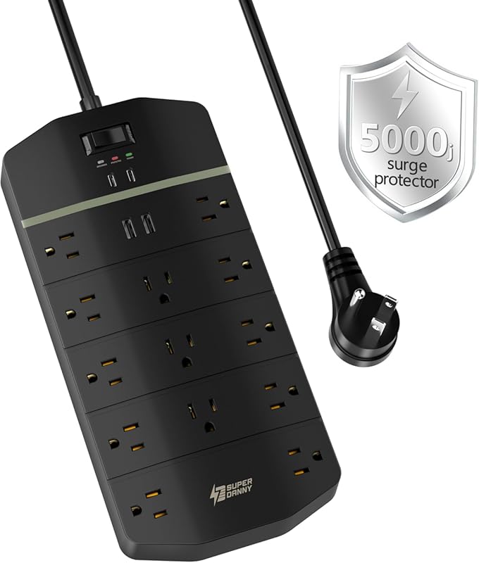 SUPERDANNY surge protector with 13 outlets, 2 USB-A, 2 USB-C PD 20W fa