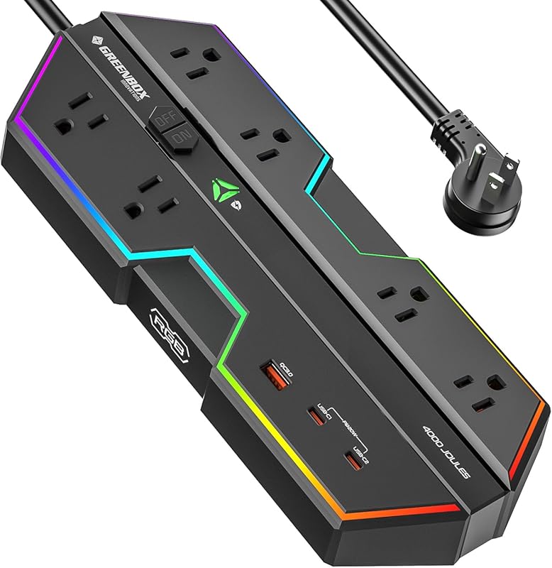 4000J surge protector with 6 outlets, USB ports, RGB lights, and PD 20
