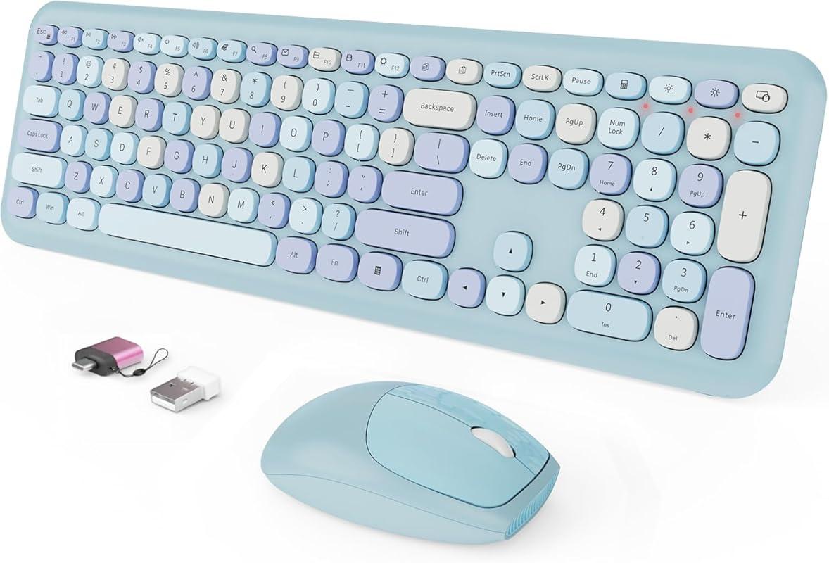 Wireless Keyboard and Mouse Combo with Cute Keycaps – Full Size, Low N