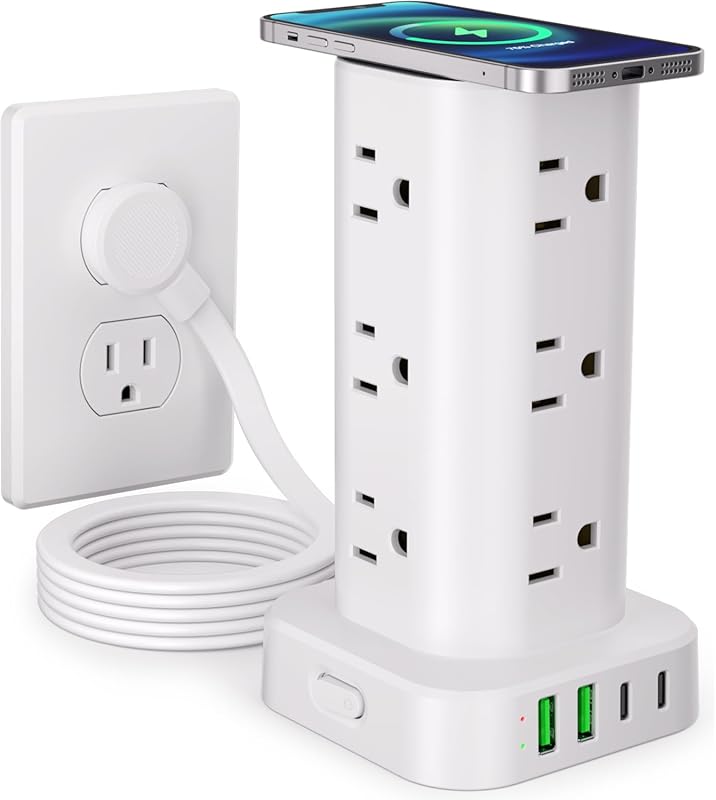 Power strip tower with wireless charger, flat plug, 12 outlets, 4 USB 