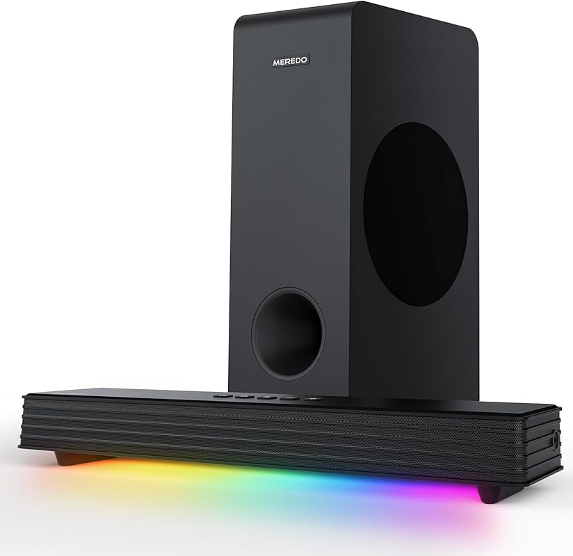 MEREDO 3.1CH soundbar with 160W output, subwoofer, RGB lighting, and B