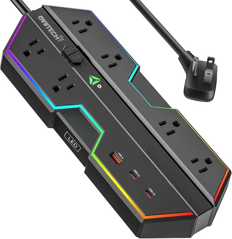 4000J surge protector with 6 outlets, RGB lights, PD 20W fast charging