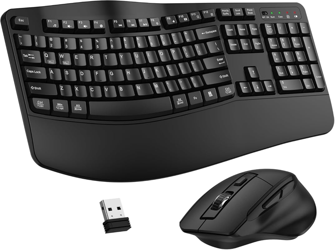 Wireless Keyboard and Mouse Combo, 2.4G Full Size Wave Keys Ergonomic 