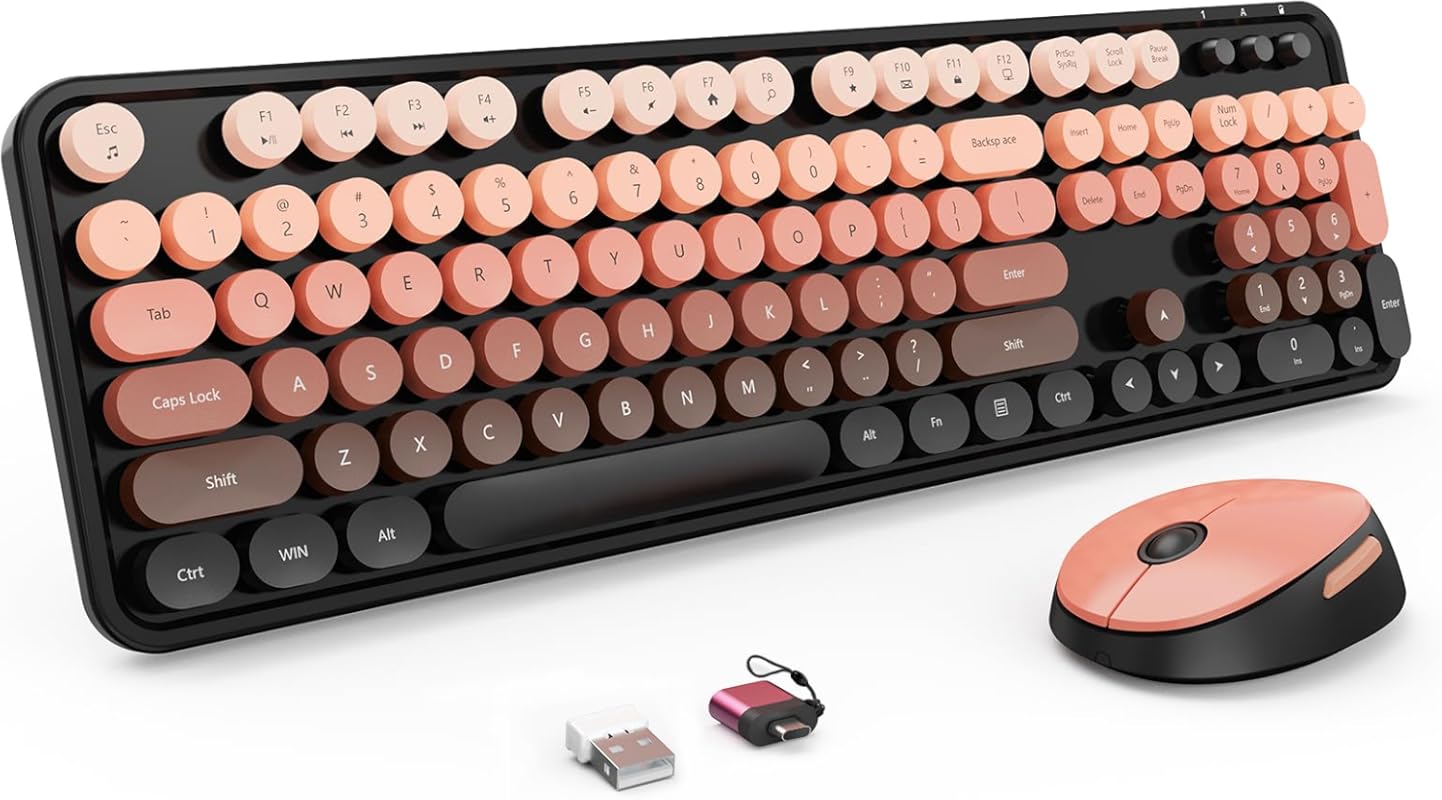 Wireless Keyboard and Mouse Combo with Retro Typewriter Style and Full