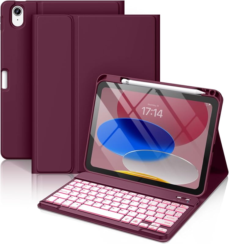 Hamile iPad 11th/10th Gen keyboard case with 7-color backlit detachabl