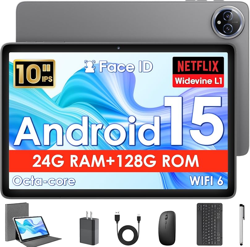 Android 15 Tablet 10 Inch with Keyboard, 24GB RAM, 128GB Storage, and 