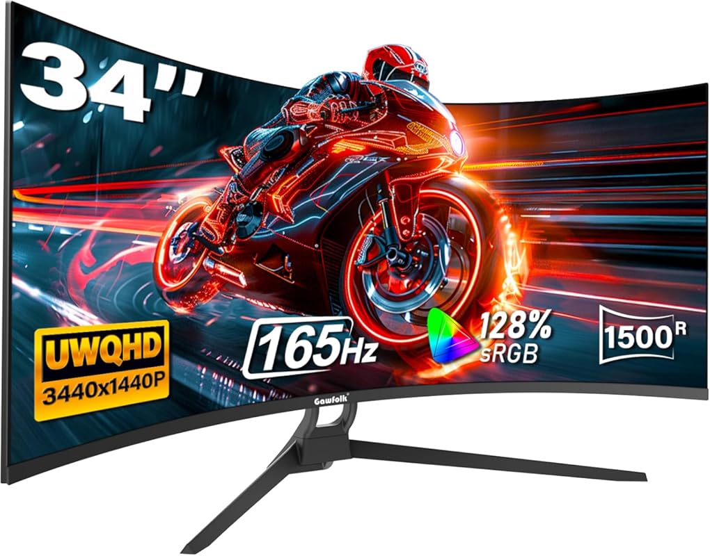 Gawfolk 34-inch Ultrawide Curved Gaming Monitor with 165Hz, UWQHD, and