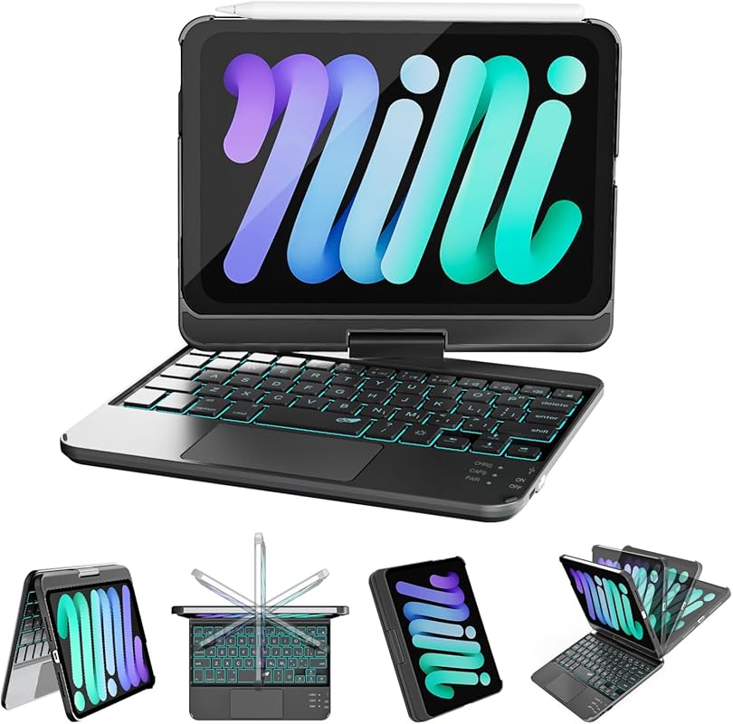 360° rotating keyboard case for iPad mini 7 and 6 with 7-color backlit