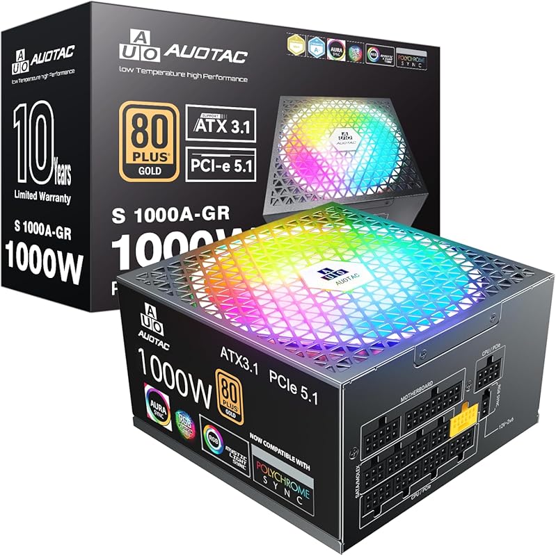 1000W 80+ Gold Fully Modular Power Supply with 12V-2x6 Cable and ATX 3
