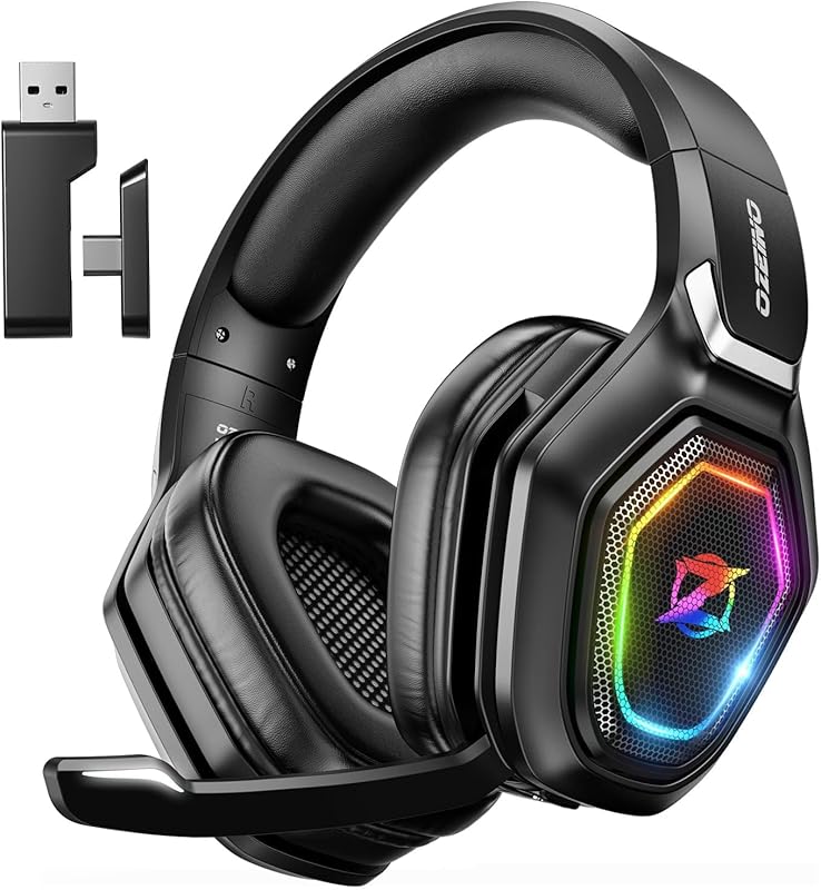Ozeino Wireless Gaming Headset with Flip Microphone, RGB Lighting Gami
