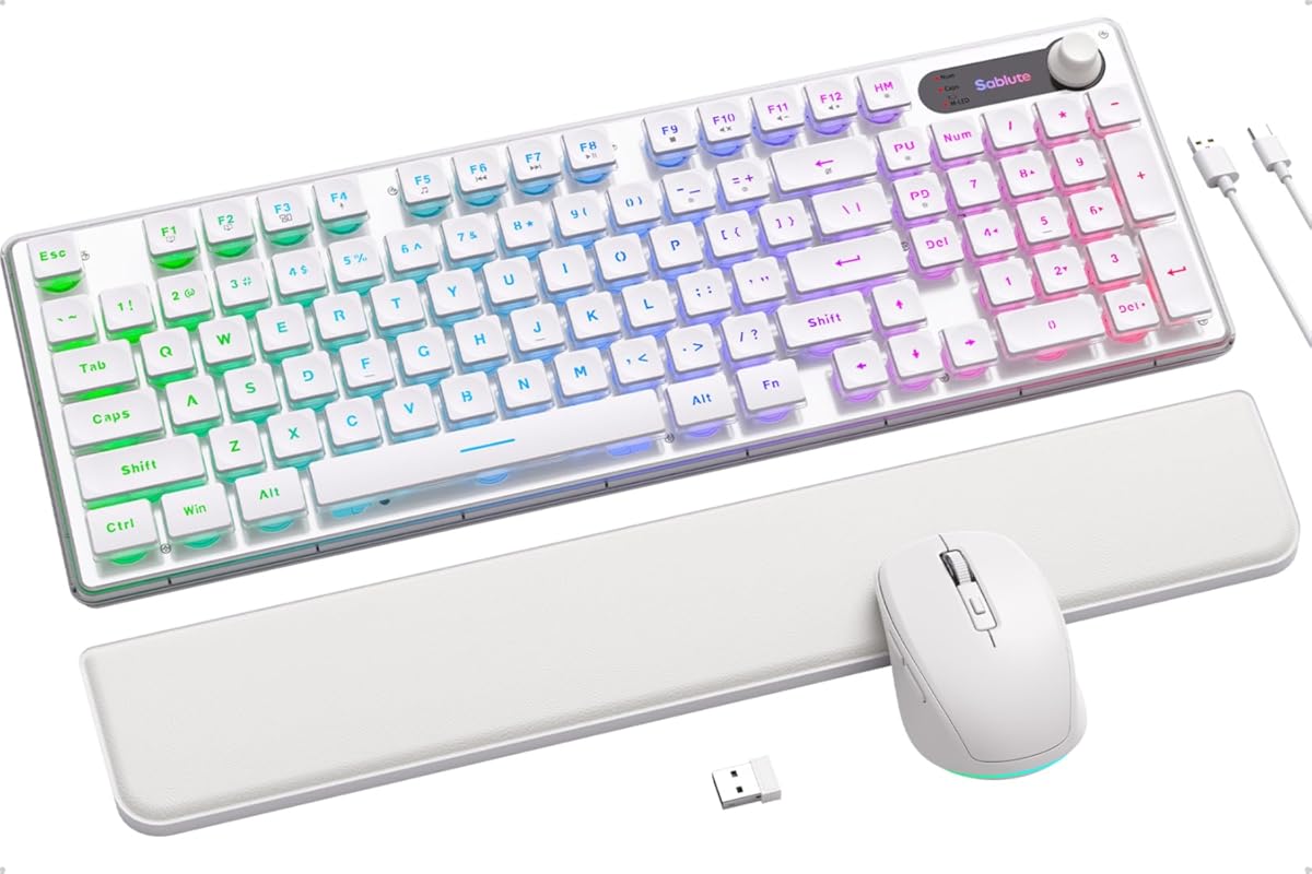 Wireless Keyboard and Mouse Combo with RGB Backlighting, Wrist Rest, a