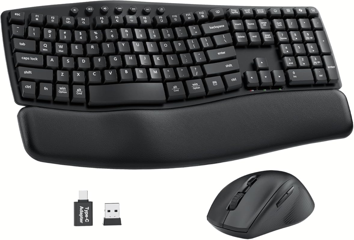 Ergonomic wireless keyboard and mouse combo with quiet wave keys, palm