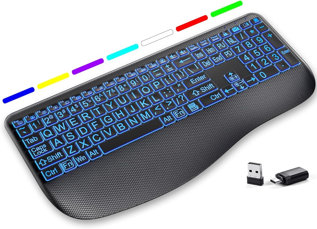 Large backlit wireless keyboard with wrist rest and silent keys for la