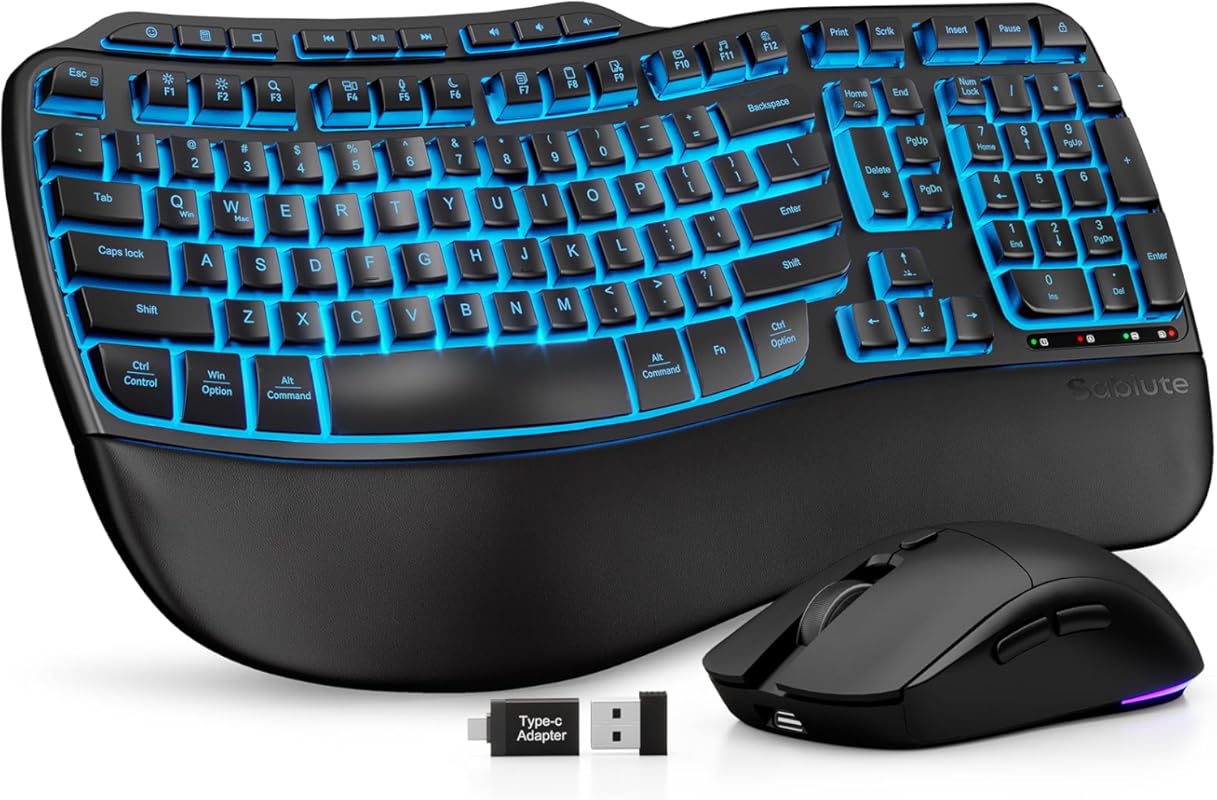 Ergonomic Wireless Keyboard and Mouse Combo, Rechargeable 4000mAh Back