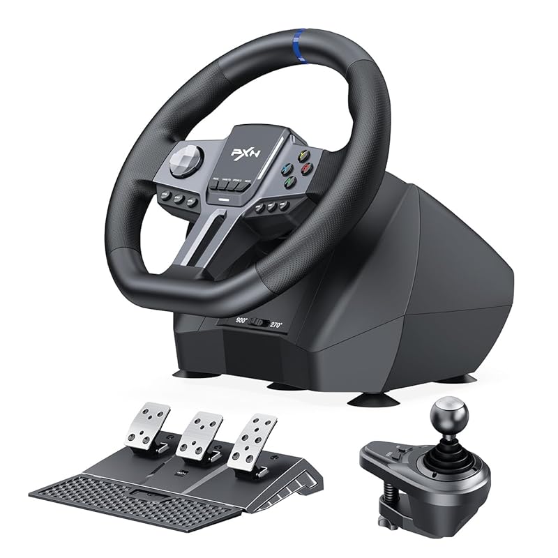 PXN V9 Gen2 Racing Wheel with 3 Pedals, Shifter, and App Support for P