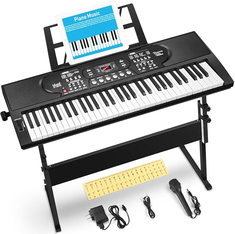 61-key portable electric piano with stand, microphone, note stickers,