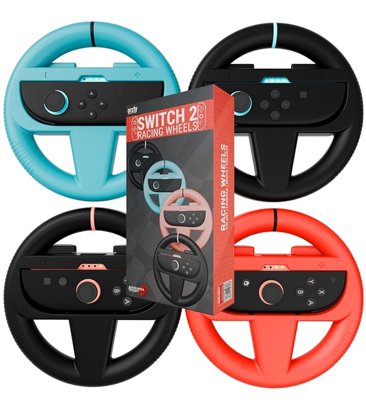 Orzly Party Pack of 4 Racing Wheels for Nintendo Switch 2 Joy-Con Cont
