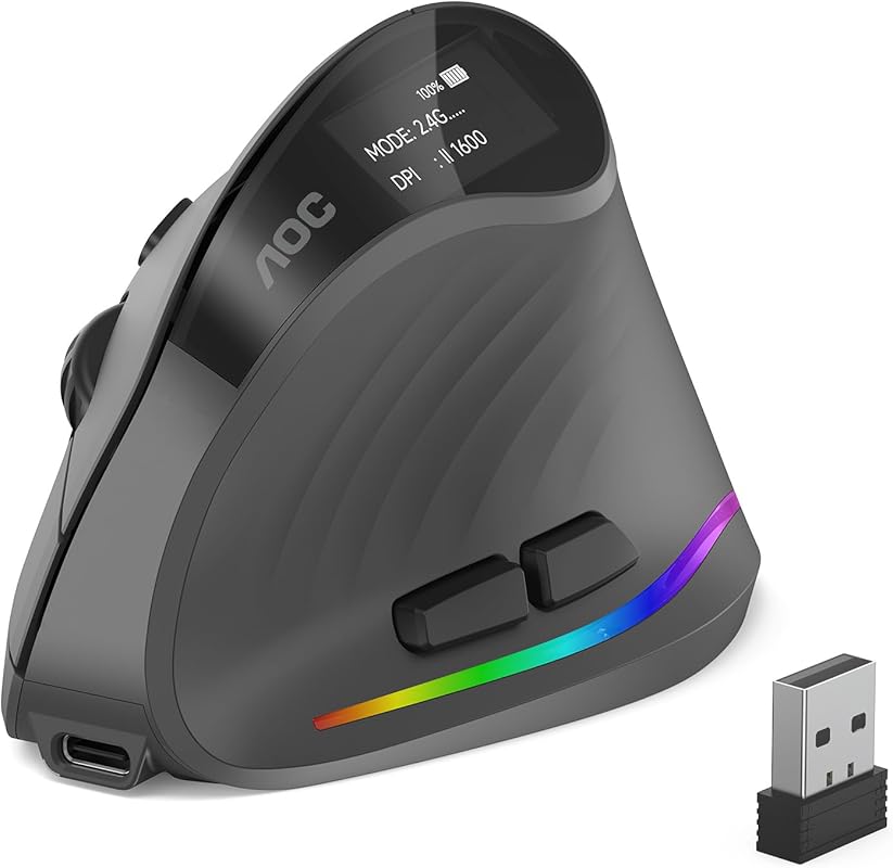 AOC 2.4GHz Ergonomic Vertical Mouse – 4800 DPI, Quiet Clicks, RGB Ligh