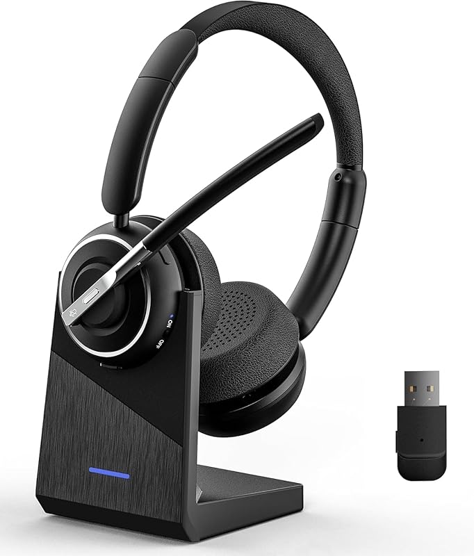 Wireless headset with noise-canceling mic and dongle for work from hom