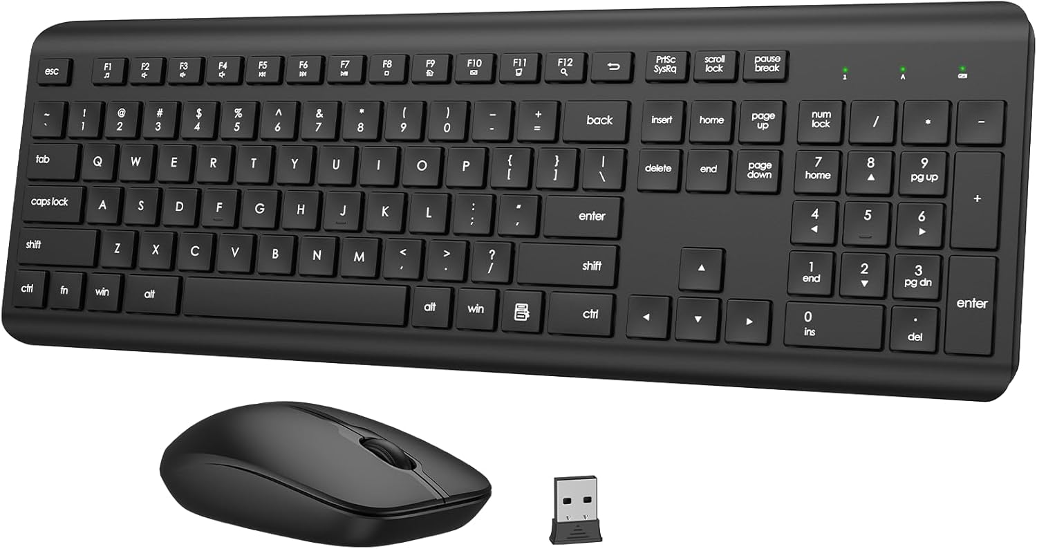 Wireless keyboard and mouse combo with full-size quiet typing, long ba