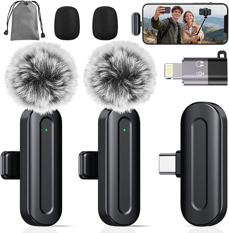 PQRQP Wireless Mini Microphone for iPhone/iPad/Android: 2 Pack Lavalier Microphone for Video Reco...