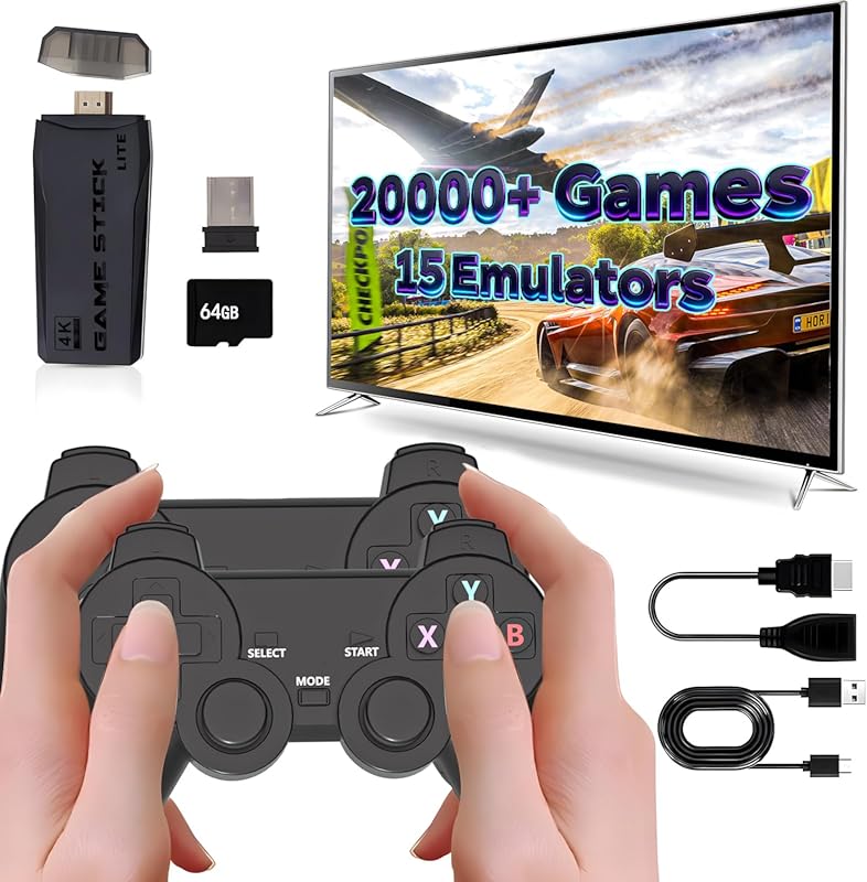 Retro game stick with 20,000+ games and 15 emulators, plug-and-play 4K