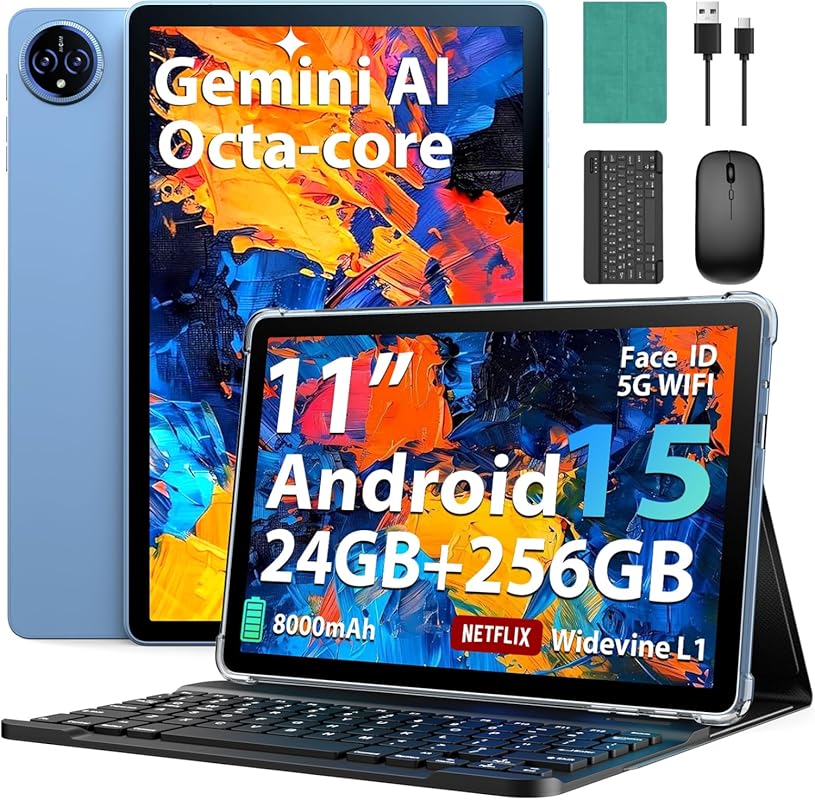 2026 11 Inch Android 15 Tablet with Keyboard, 24GB RAM + 256GB ROM, 2T