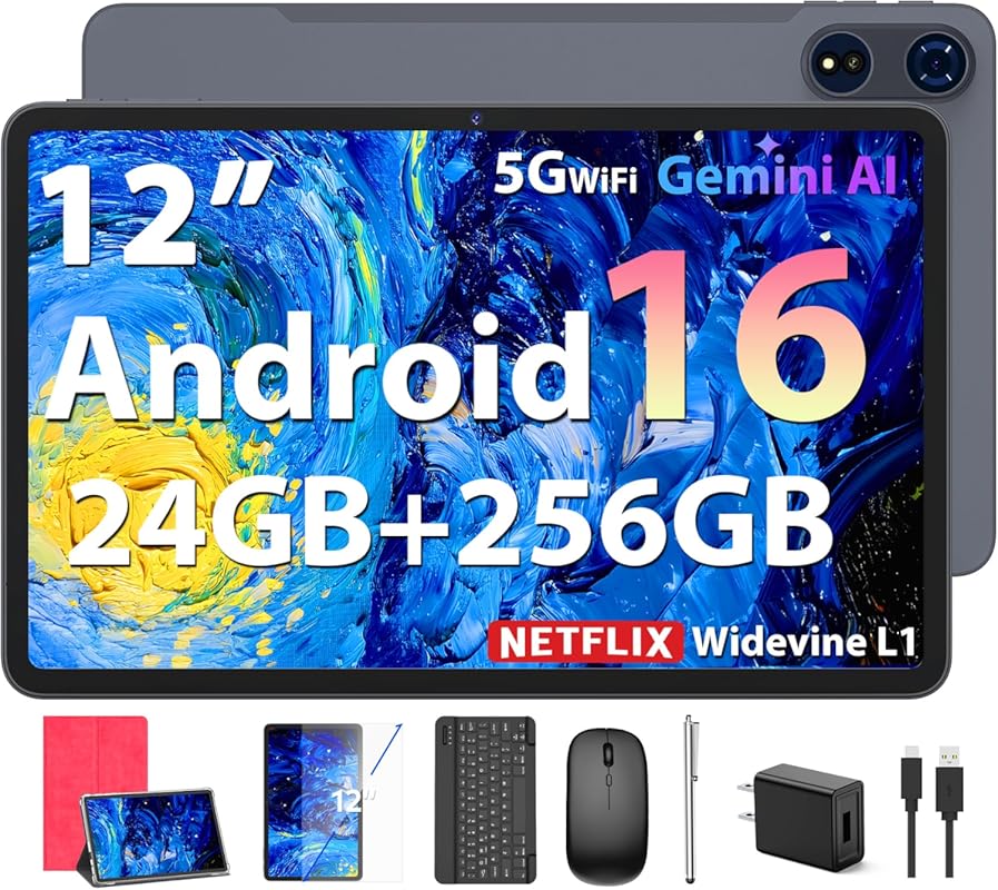 12-Inch Android 16 Tablet with Keyboard and Stylus, 24GB RAM, 256GB St