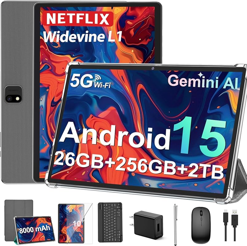 Android 15 Tablet 10 Inch with Keyboard, 26GB RAM, 256GB Storage, and 