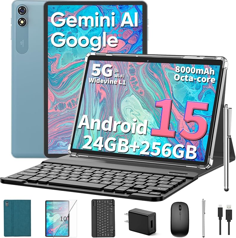 2026 10 Inch Tablet, Android 15 Tablet with Keyboard, 24GB+256GB+2TB E