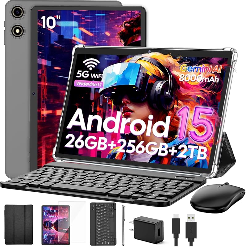 10-Inch Android 15 Tablet with Keyboard and Stylus, 26GB RAM, 256GB St