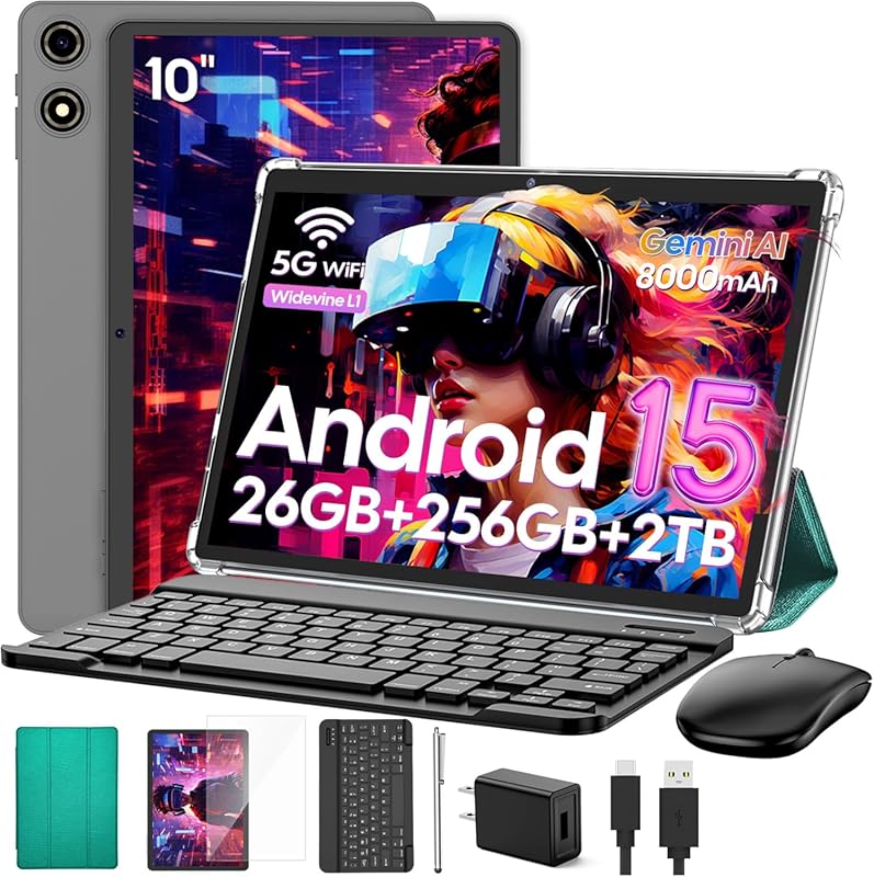 10-Inch Android 15 Tablet with Keyboard and Stylus, 26GB RAM, 256GB St