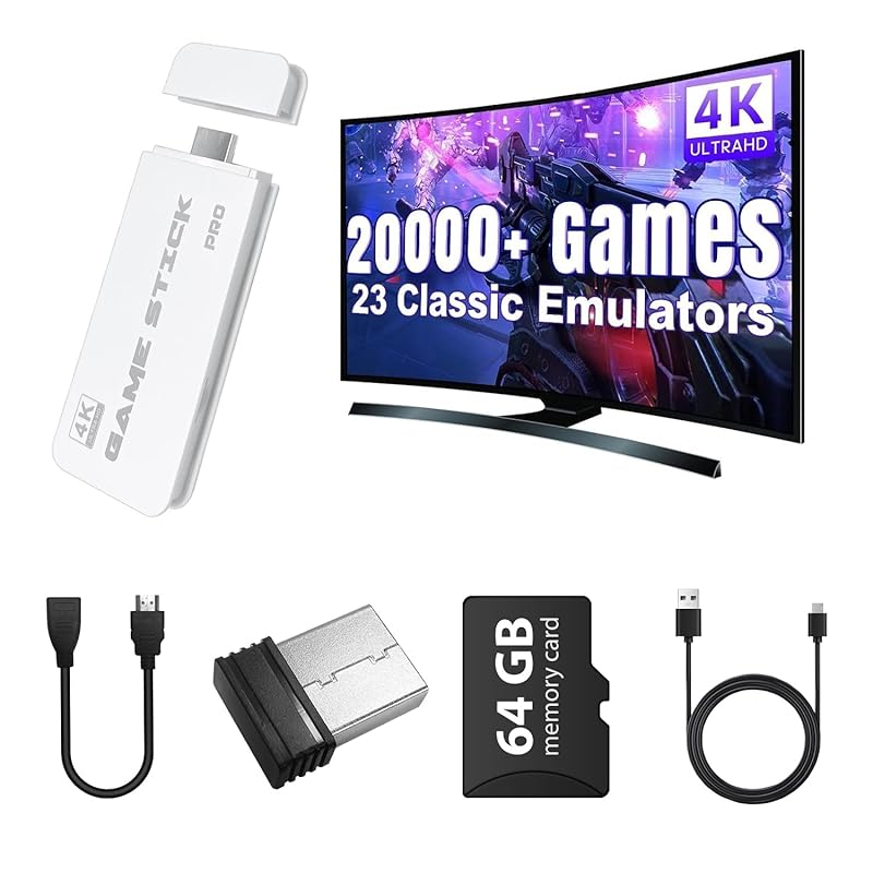 2025 retro gaming stick with 4K HDMI and dual wireless controllers, 64