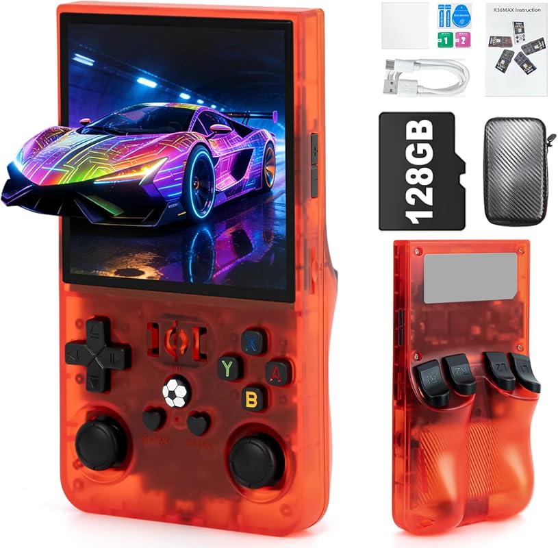 R36MAX Handheld Game Console - Support 22000+Classic Games,128G TF Car